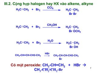 III.2. Cộng hợp halogen hay HX vào alkene, alkyne
H2C CH2 + Br2

H2C CH2 + Br2

H2C CH2 + Br2

CH3-CH=CH-CH2-CH3

CCl4

H2C CH2
Br Br

CH3OH

H2O

HBr

H2C CH2
Br OCH3

H2C CH2
Br OH
CH3-CH-CH-CH2-CH3
Br

Có mặt peroxide: CH3-CH=CH2 + HBr
CH3-CH2-CH2-Br
http://hhud.tvu.edu.vn

7

 