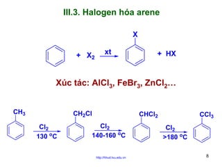 III.3. Halogen hóa arene
X
+ X2

xt

+ HX

Xúc tác: AlCl3, FeBr3, ZnCl2…
CH3

CH2Cl
Cl2
130 oC

CHCl2

Cl2
140-160 oC
http://hhud.tvu.edu.vn

CCl3
Cl2
>180 oC
8

 