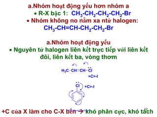 a.Nhóm hoạt động yếu hơn nhóm a
• R-X bậc 1: CH3-CH2-CH2-CH2-Br
• Nhóm không no nằm xa ntử halogen:
CH3-CH=CH-CH2-CH2-Br
a.Nhóm hoạt động yếu
• Nguyên tử halogen liên kết trực tiếp với liên kết
đôi, liên kết ba, vòng thơm
H3C CH CH Cl
+C>-I
Cl

+C của X làm cho C-X bền

+C>-I

khó phân cực, khó tách

http://hhud.tvu.edu.vn

12

 