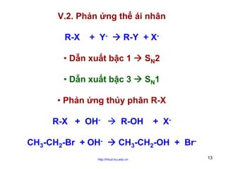 V.2. Phản ứng thế ái nhân
R-X

+ Y-

R-Y + X-

• Dẫn xuất bậc 1

SN2

• Dẫn xuất bậc 3

SN1

• Phản ứng thủy phân R-X
R-X + OHCH3-CH2-Br + OH-

R-OH

+ X-

CH3-CH2-OH + Br-

http://hhud.tvu.edu.vn

13

 
