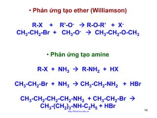 • Phản ứng tạo ether (Williamson)
R-X + R’-OR-O-R’ + XCH3-CH2-Br + CH3-OCH3-CH2-O-CH3
• Phản ứng tạo amine
R-X + NH3
CH3-CH2-Br + NH3

R-NH2 + HX
CH3-CH2-NH2 + HBr

CH3-CH2-CH2-CH2-NH2 + CH3-CH2-Br
CH3-(CH2)3-NH-C2H5 + HBr
http://hhud.tvu.edu.vn

14

 