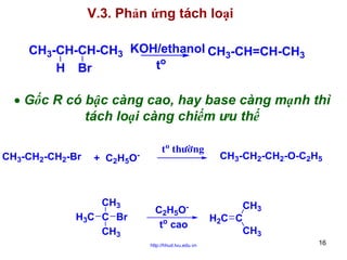 V.3. Phản ứng tách loại
CH3-CH-CH-CH3 KOH/ethanol CH3-CH=CH-CH3
to
H Br

• Gốc R có bậc càng cao, hay base càng mạnh thì
tách loại càng chiếm ưu thế
CH3-CH2-CH2-Br

+ C2 H5 O -

CH3
H3C C Br
CH3

to thöôøng

C 2H 5 O to cao
http://hhud.tvu.edu.vn

CH3-CH2-CH2-O-C2H5

H 2C C

CH3
CH3
16

 