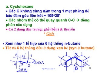 a. Cyclohexane
• Các C không cùng nằm trong 1 mặt phẳng để
bảo đảm góc liên kêt ~ 109o28’
• Các nhóm thế có thể quay quanh C-C
đồng
phân cấu dạng
• Có 2 dạng đặc trưng: ghế (bền) & thuyền
* Ghế:
• Xem như 1 tổ hợp của 6 hệ thống n-butane
• Tất cả 6 hệ thống đều ở dạng xen kẻ (syn ở butane)
5
4

3
2.5 Å

3

1

6
2

2.49 Å
http://hhud.tvu.edu.vn

4

2
6

30

 