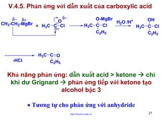 V.4.5. Phản ứng với dẫn xuất của carboxylic acid
δ−
δ− δ+
O
CH3-CH2-MgBr + H C C Cl
3
δ+

-HCl

O-MgBr
OH
H2O /H+
H3C C Cl
H3C C Cl
C2H5
C2H5

H3C C O
C2H5

Khả năng phản ứng: dẫn xuất acid > ketone
chỉ
khi dư Grignard
phản ứng tiếp với ketone tạo
alcohol bậc 3
• Tương tự cho phản ứng với anhydride
http://hhud.tvu.edu.vn

21

 