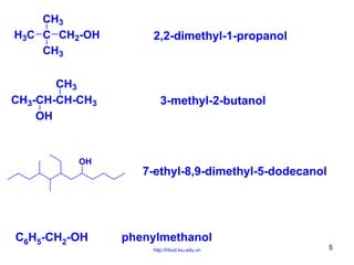 CH3
H3C C CH2-OH
CH3

CH3
CH3-CH-CH-CH3
OH

OH

C6H5-CH2-OH

2,2-dimethyl-1-propanol

3-methyl-2-butanol

7-ethyl-8,9-dimethyl-5-dodecanol

phenylmethanol
http://hhud.tvu.edu.vn

5

 