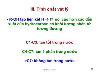 III. Tính chất vật lý
• R-OH tạo liên kết H
to sôi cao hơn các dẫn
xuất của hydrocarbon có khối lượng phân tử
tương đương
C1-C3: tan tốt trong nước
C4-C7: tan 1 phần trong nước
>C7: không tan trong nước
http://hhud.tvu.edu.vn

11

 
