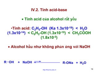 IV.2. Tính acid-base
• Tính acid của alcohol rất yếu
•Tính acid: C2H5-OH (Ka 1.3x10-18) < H2O
(1.3x10-14) < C6H5-OH (1.3x10-10) < CH3COOH
(1.8x10-5)
• Alcohol hầu như không phản ứng với NaOH

R OH

+ NaOH

R-ONa + H2O
http://hhud.tvu.edu.vn

14

 