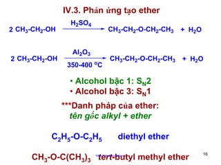 IV.3. Phản ứng tạo ether
2 CH3-CH2-OH

2 CH3-CH2-OH

H2SO4

CH3-CH2-O-CH2-CH3

Al2O3
o

350-400 C

+ H2O

CH3-CH2-O-CH2-CH3

+ H2O

• Alcohol bậc 1: SN2
• Alcohol bậc 3: SN1
***Danh pháp của ether:
tên gốc alkyl + ether
C2H5-O-C2H5

diethyl ether

CH3-O-C(CH3)3 tert-butyl methyl ether
http://hhud.tvu.edu.vn

16

 