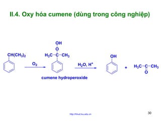 II.4. Oxy hóa cumene (dùng trong công nghiệp)

OH
O
H3C C CH3

CH(CH3)2
O2

OH
H2O, H+

+

H3C C CH3
O

cumene hydroperoxide

http://hhud.tvu.edu.vn

30

 