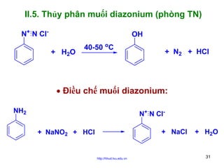 II.5. Thủy phân muối diazonium (phòng TN)
N+ N Cl-

OH
+ H2O

40-50 oC

+ N2 + HCl

• Điều chế muối diazonium:
NH2

N+ N Cl+ NaCl

+ NaNO2 + HCl

http://hhud.tvu.edu.vn

+ H2O

31

 