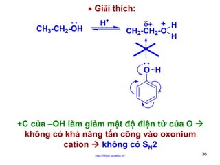 • Giải thích:
CH3-CH2-OH

H+

δ+ + H
CH2-CH2-O
H

O H

+C của –OH làm giảm mật độ điện tử của O
không có khả năng tấn công vào oxonium
cation
không có SN2
http://hhud.tvu.edu.vn

36

 