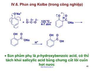 IV.6. Phản ứng Kolbe (trong công nghiệp)
O-Na+

O
δ− δ+ δ−
+ O C O

OH O
C

ONa

H+

125 oC
4-7 atm

OH O
C

O
H
C

ONa

OH

• Sản phẩm phụ là p-hydroxybenzoic acid, có thể
tách khỏi salicylic acid bằng chưng cất lôi cuốn
hơi nước
46
http://hhud.tvu.edu.vn

 