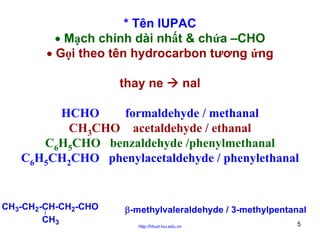 * Tên IUPAC
• Mạch chính dài nhất & chứa –CHO
• Gọi theo tên hydrocarbon tương ứng
thay ne

nal

HCHO
formaldehyde / methanal
CH3CHO acetaldehyde / ethanal
C6H5CHO benzaldehyde /phenylmethanal
C6H5CH2CHO phenylacetaldehyde / phenylethanal

CH3-CH2-CH-CH2-CHO
CH3

β-methylvaleraldehyde / 3-methylpentanal
http://hhud.tvu.edu.vn

5

 