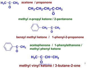 H3C C CH3 acetone / propanone
O
CH3-CH2-CH2-C-CH3

O
methyl n-propyl ketone / 2-pentanone
CH2

C CH3
O

benzyl methyl ketone / 1-phenyl-2-propanone

C CH3
O

acetophenone / 1-phenylethanone /
methyl phenyl ketone

H3C C CH CH2
O
methyl vinyl ketone / 3-butane-2-one
http://hhud.tvu.edu.vn

7

 