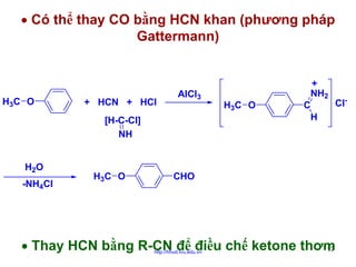 • Có thể thay CO bằng HCN khan (phương pháp
Gattermann)

H3C O

+ HCN + HCl

AlCl3

[H-C-Cl]
NH
H2O
-NH4Cl

H3C O

H3C O

+
NH2
ClC
H

CHO

• Thay HCN bằng R-CN để điều chế ketone thơm
17
http://hhud.tvu.edu.vn

 