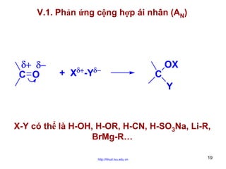 V.1. Phản ứng cộng hợp ái nhân (AN)

δ+ δ−
C O

δ+

δ−

+ X -Y

C

OX
Y

X-Y có thể là H-OH, H-OR, H-CN, H-SO3Na, Li-R,
BrMg-R…
http://hhud.tvu.edu.vn

19

 