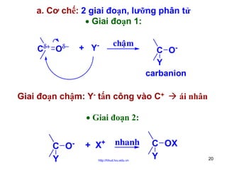 a. Cơ chế: 2 giai đoạn, lưỡng phân tử
• Giai đoạn 1:
δ+

C

O

δ−

+ Y

-

chaäm

C OY
carbanion

Giai đoạn chậm: Y- tấn công vào C+

ái nhân

• Giai đoạn 2:
-

C O
Y

+ X+

nhanh

http://hhud.tvu.edu.vn

C OX
Y

20

 