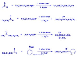 H

O
C

+

H

CH3CH2

CH3

O
C

1. ether khan

O
C

CH3CH2CH2CH2MgBr

+

H

CH2CH2CH3

CH3CH2CH2

O
C

CH3CH2CH2MgBr

+

2. H3O+

1. ether khan
2. H3O+

1. ether khan
CH3CH2MgBr

2. H3O+

MgBr
1. ether khan
H

+

2. H3O+

http://hhud.tvu.edu.vn

CH3CH2CH2CH2CH2OH

OH
CH3CH2CHCH2CH2CH3

OH
CH3CCH2CH2CH3
CH2CH3

OH
CH3CH2CH2CH
23

 
