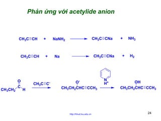 Phản ứng với acetylide anion

CH3C CH

CH3C CH

CH3CH2

O
C

+

+

CH3C CNa

Na

-

CH3C C
H

CH3C CNa

NaNH2

OCH3CH2CHC CCH3

http://hhud.tvu.edu.vn

N
H+

+

+

NH3

H2

OH
CH3CH2CHC CCH3

24

 