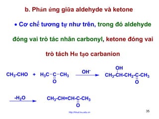 b. Phản ứng giữa aldehyde và ketone
• Cơ chế tương tự như trên, trong đó aldehyde
đóng vai trò tác nhân carbonyl, ketone đóng vai
trò tách Hα tạo carbanion
CH3-CHO + H3C C CH3
O
-H2O

-

OH

OH
CH3-CH-CH2-C-CH3
O

CH3-CH=CH-C-CH3
O
http://hhud.tvu.edu.vn

35

 