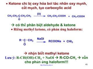 • Ketone chỉ bị oxy hóa bởi tác nhân oxy mạnh,
cắt mạch, tạo carboxylic acid
CH3-CH2-C-CH2-CH3
O

[O]

CH3-CH2-COOH

+ CH3-COOH

có thể phân biệt aldehyde & ketone
• Riêng methyl ketone, có phản ứng haloform:
R C CH3
O

NaOI

RCOONa + CHI3

nhận biết methyl ketone
Lưu ý: R-CH(OH)-CH3 + NaOI
R-CO-CH3
cho phản ứng haloform!!!
http://hhud.tvu.edu.vn

vẫn
43

 