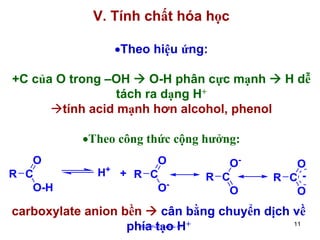 V. Tính chất hóa học
•Theo hiệu ứng:
+C của O trong –OH
O-H phân cực mạnh
tách ra dạng H+
tính acid mạnh hơn alcohol, phenol

H dễ

•Theo công thức cộng hưởng:
O
R C
O-H

+

H

O
+ R C
O-

OR C
O

O
R C O

carboxylate anion bền
cân bằng chuyển dịch về
11
phía tạo H+
http://hhud.tvu.edu.vn

 