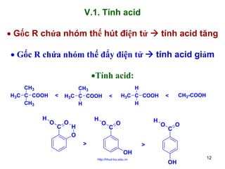 V.1. Tính acid
• Gốc R chứa nhóm thế hút điện tử
• Gốc R chứa nhóm thế đẩy điện tử

tính acid tăng
tính acid giảm

•Tính acid:
CH3
H3C C COOH
CH3

H

<

O

C

CH3
H3C C COOH
H

O

H
H
O

O

H
H3C C COOH
H

<

C

H

O

>

CH3-COOH

<

O

C

O

>
OH
http://hhud.tvu.edu.vn

OH

12

 