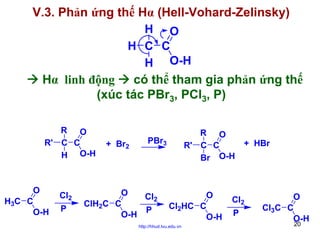 V.3. Phản ứng thế Hα (Hell-Vohard-Zelinsky)
H O
H C C
H O-H

Hα linh động
có thể tham gia phản ứng thế
(xúc tác PBr3, PCl3, P)
R O
R' C C
H O-H

O
H3C C
O-H

Cl2
P

+ Br2

R O
R' C C
Br O-H

PBr3

O
Cl2
ClH2C C
P
O-H

O
Cl2HC C
O-H

http://hhud.tvu.edu.vn

+ HBr

Cl2
P

O
Cl3C C
O-H
20

 