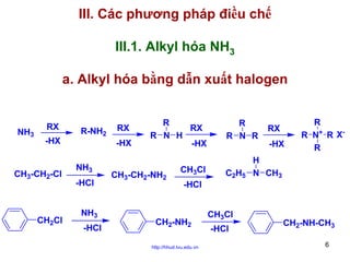 III. Các phương pháp điều chế
III.1. Alkyl hóa NH3
a. Alkyl hóa bằng dẫn xuất halogen

NH3

RX
-HX

CH3-CH2-Cl

CH2Cl

R-NH2

RX
-HX

NH3
-HCl
NH3
-HCl

R
RX
R N H
-HX

CH3-CH2-NH2

CH3Cl

R
R N R

C2H5

RX
-HX

R
R N+ R XR

H
N CH3

-HCl

CH2-NH2
http://hhud.tvu.edu.vn

CH3Cl
-HCl

CH2-NH-CH3
6

 