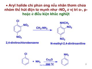 • Aryl halide chỉ phản ứng nếu nhân thơm chứa
nhóm thế hút điện tử mạnh như -NO2 ở vị trí o-, phoặc ở điều kiện khắc nghiệt
Cl
NO2

NHCH3
NO2

CH3-NH2

NO2

NO2

2,4-dinitrochlorobenzene

N-methyl-2,4-dinitroaniline

Cl

NH2
+ NH3

Cu2O
200 oC

http://hhud.tvu.edu.vn

7

 