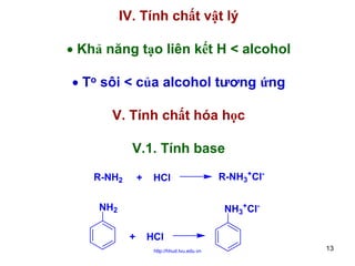 IV. Tính chất vật lý
• Khả năng tạo liên kết H < alcohol
• To sôi < của alcohol tương ứng
V. Tính chất hóa học
V.1. Tính base
R-NH2

+

HCl

NH2

R-NH3+ClNH3+Cl-

+

HCl
http://hhud.tvu.edu.vn

13

 