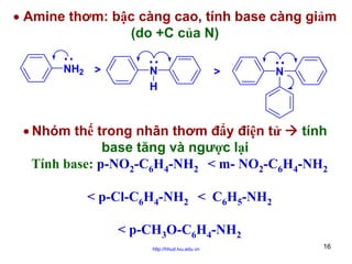 • Amine thơm: bậc càng cao, tính base càng giảm
(do +C của N)
NH2 >

N
H

>

N

• Nhóm thế trong nhân thơm đẩy điện tử
tính
base tăng và ngược lại
Tính base: p-NO2-C6H4-NH2 < m- NO2-C6H4-NH2
< p-Cl-C6H4-NH2 < C6H5-NH2
< p-CH3O-C6H4-NH2
http://hhud.tvu.edu.vn

16

 