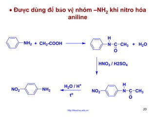 • Được dùng để bảo vệ nhóm –NH2 khi nitro hóa
aniline
H
N C CH3 + H2O
O

NH2 + CH3-COOH

HNO3 / H2SO4

NO2

NH2

H2O / H+
t

o

http://hhud.tvu.edu.vn

NO2

H
N C CH3
O
20

 