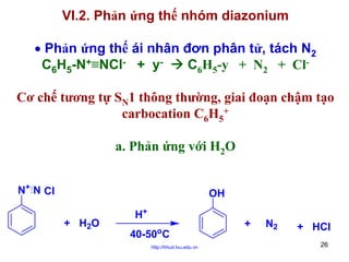 VI.2. Phản ứng thế nhóm diazonium
• Phản ứng thế ái nhân đơn phân tử, tách N2
C6H5-N+≡NCl- + yC6H5-y + N2 + ClCơ chế tương tự SN1 thông thường, giai đoạn chậm tạo
carbocation C6H5+
a. Phản ứng với H2O
N+ N Cl

OH
+ H2O

H+
o

40-50 C
http://hhud.tvu.edu.vn

+

N2

+ HCl
26

 