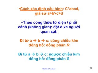 •Cách xác định cấu hình: C*abcd,
giả sử a>b>c>d
+Theo công thức tứ diện / phối
cảnh (không gian): đặt d xa người
quan sát:
Đi từ a
b
c: cùng chiều kim
đồng hồ: đồng phân R
Đi từ a
b
c: ngược chiều kim
đồng hồ: đồng phân S
http://hhud.tvu.edu.vn

50

 