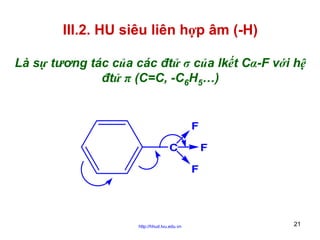 III.2. HU siêu liên hợp âm (-H)
Là sự tương tác của các đtử σ của lkết Cα-F với hệ
đtử π (C=C, -C6H5…)

F
C

F
F

http://hhud.tvu.edu.vn

21

 