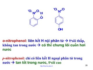 -

O

+O

N

-

O

H
O

+O

N

OH

o-nitrophenol: liên kết H nội phân tử
tosôi thấp,
không tan trong nước
có thể chưng lôi cuốn hơi
nước
p-nitrophenol: chỉ có liên kết H ngoại phân tử trong
nước
tan tốt trong nước, tosôi cao
http://hhud.tvu.edu.vn

28

 