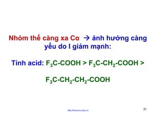 Nhóm thế càng xa Cα
ảnh hưởng càng
yếu do I giảm mạnh:
Tính acid: F3C-COOH > F3C-CH2-COOH >
F3C-CH2-CH2-COOH

http://hhud.tvu.edu.vn

31

 