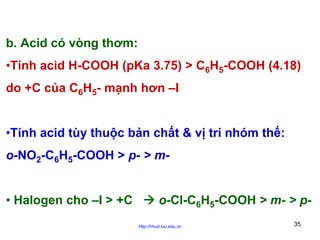 b. Acid có vòng thơm:
•Tính acid H-COOH (pKa 3.75) > C6H5-COOH (4.18)
do +C của C6H5- mạnh hơn –I
•Tính acid tùy thuộc bản chất & vị trí nhóm thế:
o-NO2-C6H5-COOH > p- > m• Halogen cho –I > +C

o-Cl-C6H5-COOH > m- > phttp://hhud.tvu.edu.vn

35

 