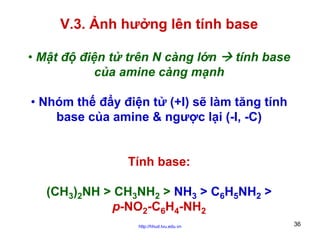 V.3. Ảnh hưởng lên tính base
• Mật độ điện tử trên N càng lớn
tính base
của amine càng mạnh
• Nhóm thế đẩy điện tử (+I) sẽ làm tăng tính
base của amine & ngược lại (-I, -C)
Tính base:
(CH3)2NH > CH3NH2 > NH3 > C6H5NH2 >
p-NO2-C6H4-NH2
http://hhud.tvu.edu.vn

36

 