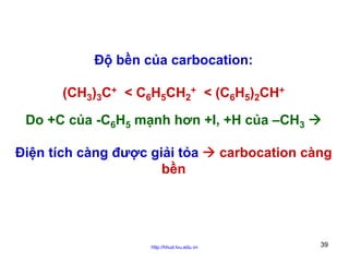 Độ bền của carbocation:
(CH3)3C+ < C6H5CH2+ < (C6H5)2CH+
Do +C của -C6H5 mạnh hơn +I, +H của –CH3
Điện tích càng được giải tỏa
bền

http://hhud.tvu.edu.vn

carbocation càng

39

 