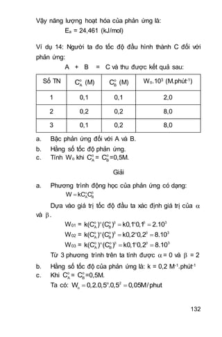 132
Vậy năng lượng hoạt hóa của phản ứng là:
Ea = 24,461 (kJ/mol)
Ví dụ 14: Người ta đo tốc độ đầu hình thành C đối với
phản ứng:
A + B = C và thu được kết quả sau:
Số TN o
AC (M) o
BC (M) Wo.103 (M.phút-1)
1 0,1 0,1 2,0
2 0,2 0,2 8,0
3 0,1 0,2 8,0
a. Bậc phản ứng đối với A và B.
b. Hằng số tốc độ phản ứng.
c. Tính Wo khi o
AC = o
BC =0,5M.
Giải
a. Phương trình động học của phản ứng có dạng:
 
 A BW kC C
Dựa vào giá trị tốc độ đầu ta xác định giá trị của 
và .
W01 = o o 3
A Bk(C ) (C ) k0,1 0,1 2.10   
 
W02 = o o 3
A Bk(C ) (C ) k0,2 0,2 8.10   
 
W03 = o o 3
A Bk(C ) (C ) k0,1 0,2 8.10   
 
Từ 3 phương trình trên ta tính được  = 0 và  = 2
b. Hằng số tốc độ của phản ứng là: k = 0,2 M-1.phút-1
c. Khi o
AC = o
BC =0,5M.
Ta có: o 2
oW 0,2.0,5 .0,5 0,05M/phut 
 