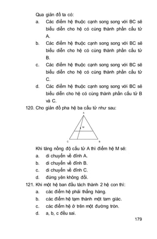 179
Qua giản đồ ta có:
a. Các điểm hệ thuộc cạnh song song với BC sẽ
biểu diễn cho hệ có cùng thành phần cấu tử
A.
b. Các điểm hệ thuộc cạnh song song với BC sẽ
biểu diễn cho hệ có cùng thành phần cấu tử
B.
c. Các điểm hệ thuộc cạnh song song với BC sẽ
biểu diễn cho hệ có cùng thành phần cấu tử
C.
d. Các điểm hệ thuộc cạnh song song với BC sẽ
biểu diễn cho hệ có cùng thành phần cấu tử B
và C.
120. Cho giản đồ pha hệ ba cấu tử như sau:
A
C B
M
Khi tăng nồng độ cấu tử A thì điểm hệ M sẽ:
a. di chuyển về đỉnh A.
b. di chuyển về đỉnh B.
c. di chuyển về đỉnh C.
d. đứng yên không đổi.
121. Khi một hệ ban đầu tách thành 2 hệ con thì:
a. các điểm hệ phải thẳng hàng.
b. các điểm hệ tạm thành một tam giác.
c. các điểm hệ ở trên một đường tròn.
d. a, b, c đều sai.
 