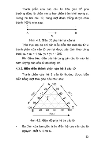 53
Thành phần của các cấu tử trên giản đồ pha
thường dùng là phần mol xi hay phần trăm khối lượng yi.
Trong hệ hai cấu tử, dùng một đoạn thẳng được chia
thành 100% như sau:
A B
xB
0 1
Hình 4.1. Giản đồ pha hệ hai cấu tử
Trên trục toạ độ chỉ cần biểu diễn cho một cấu tử vì
thành phần của cấu tử còn lại được xác định theo công
thức: xA + xB = 1 hay y1 + y2 = 100%
Khi điểm biểu diễn của hệ càng gần cấu tử nào thì
hàm lượng của cấu tử đó càng lớn.
4.3.2. Biểu diễn thành phần của hệ 3 cấu tử
Thành phần của hệ 3 cấu tử thường được biểu
diễn bằng một tam giác đều như sau:
80
80
80
60
60
60
40
20
20
20 40
40
100
100
100
A
B
C
P
(%C)
(%
B)
(%
A)
I
Hình 4.2. Giản đồ pha hệ ba cấu tử
- Ba đỉnh của tam giác là ba điểm hệ của các cấu tử
nguyên chất A, B và C.
 