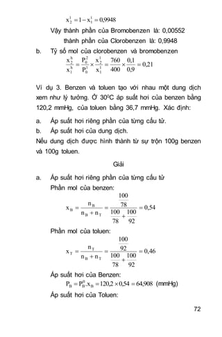 72
0,9948x1x l
1
l
2 
Vậy thành phần của Bromobenzen là: 0,00552
thành phần của Clorobenzen là: 0,9948
b. Tỷ số mol của clorobenzen và bromobenzen
0,21
0,9
0,1
400
760
x
x
P
P
x
x
l
1
l
2
1
0
2
0
h
1
h
2

Ví dụ 3. Benzen và toluen tạo với nhau một dung dịch
xem như lý tưởng. Ở 300C áp suất hơi của benzen bằng
120,2 mmHg, của toluen bằng 36,7 mmHg. Xác định:
a. Áp suất hơi riêng phần của từng cấu tử.
b. Áp suất hơi của dung dịch.
Nếu dung dịch được hình thành từ sự trộn 100g benzen
và 100g toluen.
Giải
a. Áp suất hơi riêng phần của từng cấu tử
Phần mol của benzen:
54,0
92
100
78
100
78
100
nn
n
x
TB
B
B 




Phần mol của toluen:
46,0
92
100
78
100
92
100
nn
n
x
TB
T
T 




Áp suất hơi của Benzen:
64,9080,54120,2.xPP B
0
BB  (mmHg)
Áp suất hơi của Toluen:
 
