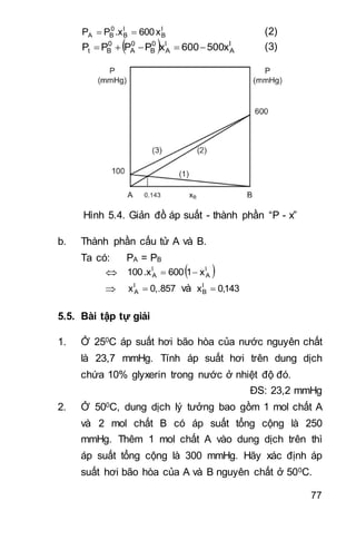 77
l
B
l
B
0
BA x600x.PP  (2)
  l
A
l
A
0
B
0
A
0
Bt x500600xPPPP  (3)
Hình 5.4. Giản đồ áp suất - thành phần “P - x”
b. Thành phần cấu tử A và B.
Ta có: PA = PB
  l
A
l
A x1600x.100 
 857,.0xl
A  và 143,0xl
B 
5.5. Bài tập tự giải
1. Ở 250C áp suất hơi bão hòa của nước nguyên chất
là 23,7 mmHg. Tính áp suất hơi trên dung dịch
chứa 10% glyxerin trong nước ở nhiệt độ đó.
ĐS: 23,2 mmHg
2. Ở 500C, dung dịch lý tưởng bao gồm 1 mol chất A
và 2 mol chất B có áp suất tổng cộng là 250
mmHg. Thêm 1 mol chất A vào dung dịch trên thì
áp suất tổng cộng là 300 mmHg. Hãy xác định áp
suất hơi bão hòa của A và B nguyên chất ở 500C.
 