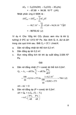 8
Cp = Cp(CH3OH) – Cp(CO) – 2Cp(H2)
= - 67,69 + 94,58. 10-3T (J/K)
Nhiệt phản ứng ở 500K là :

500
298
p
0
298
0
500 dTΔCΔHΔH
 


500
298
33
dTT94,58.1067,6990,7.10
= - 96750,42 (J)
Ví dụ 4: Cho 100g khí CO2 (được xem như là khí lý
tưởng) ở 00C và 1,013.105 Pa. Xác định Q, A, ΔU và ΔH
trong các quá trình sau. Biết Cp = 37,1 J/mol.K.
a. Dãn nở đẳng nhiệt tới thể tích 0,2 m3.
b. Dãn đẳng áp tới 0,2 m3.
c. Đun nóng đẳng tích tới khi áp suất bằng 2,026.105
Pa.
Giải
a. Dãn nở đẳng nhiệt (T = const) tới thể tích 0,2m3.
nRT
PV
nRTln
V
V
nRTlnAQ 2
1
2
TT 
7061
2730,082
44
100
0,2.101
273.ln8,314
44
100 3



 (J)
U = 0
b. Dãn nở đẳng áp (P = const) tới 0,2m3.
H = Qp = n.Cp. (T2 – T1)







nR
PV
nR
PV
n.C 12
p 
 