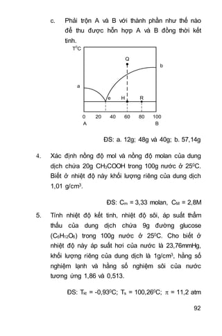 92
c. Phải trộn A và B với thành phần như thế nào
để thu được hỗn hợp A và B đồng thời kết
tinh.
A B
40 60 800 100
Q
H
T0
C
a
b
e
20
R
ĐS: a. 12g; 48g và 40g; b. 57,14g
4. Xác định nồng độ mol và nồng độ molan của dung
dịch chứa 20g CH3COOH trong 100g nước ở 250C.
Biết ở nhiệt độ này khối lượng riêng của dung dịch
1,01 g/cm3.
ĐS: Cm = 3,33 molan, CM = 2,8M
5. Tính nhiệt độ kết tinh, nhiệt độ sôi, áp suất thẩm
thấu của dung dịch chứa 9g đường glucose
(C6H12O6) trong 100g nước ở 250C. Cho biết ở
nhiệt độ này áp suất hơi của nước là 23,76mmHg,
khối lượng riêng của dung dịch là 1g/cm3, hằng số
nghiệm lạnh và hằng số nghiệm sôi của nước
tương ứng 1,86 và 0,513.
ĐS: Tkt = -0,930C; Ts = 100,260C;  = 11,2 atm
 