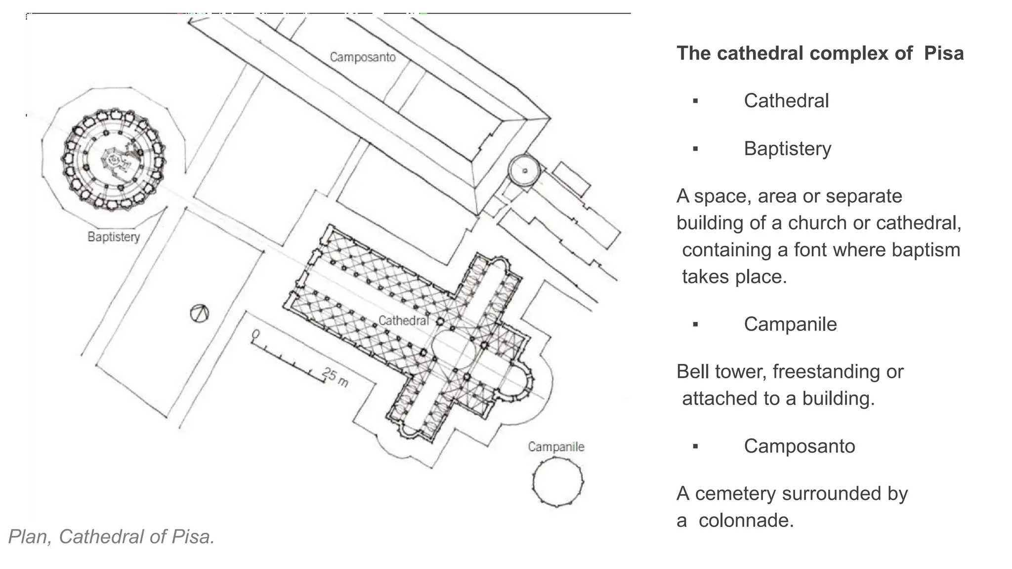 Plan, Cathedral of Pisa.
The cathedral complex of Pisa
▪ Cathedral
▪ Baptistery
A space, area or separate
building of a church or cathedral,
containing a font where baptism
takes place.
▪ Campanile
Bell tower, freestanding or
attached to a building.
▪ Camposanto
A cemetery surrounded by
a colonnade.
 