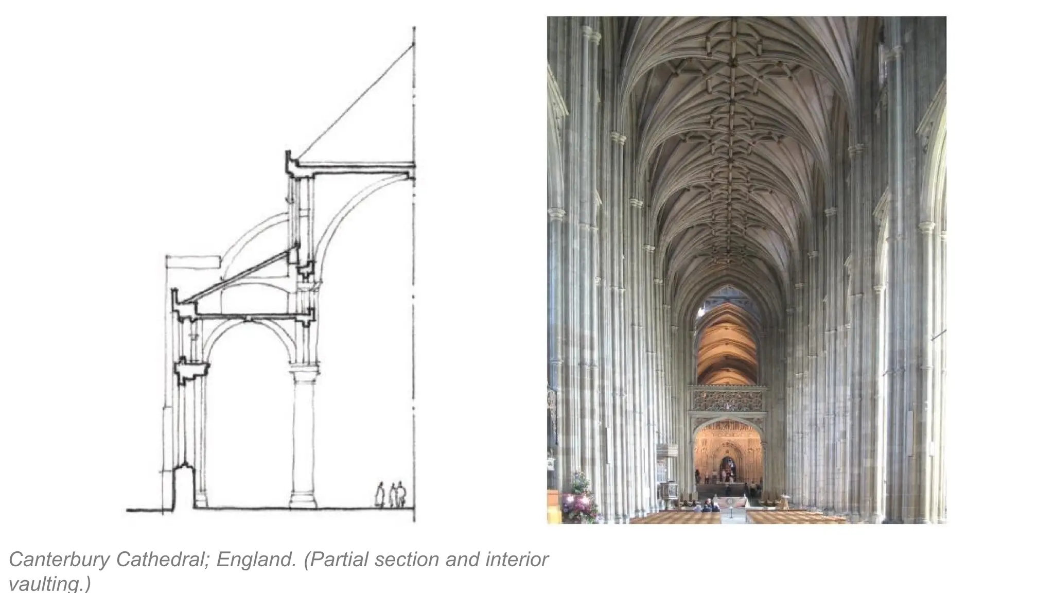 Canterbury Cathedral; England. (Partial section and interior
vaulting.)
 